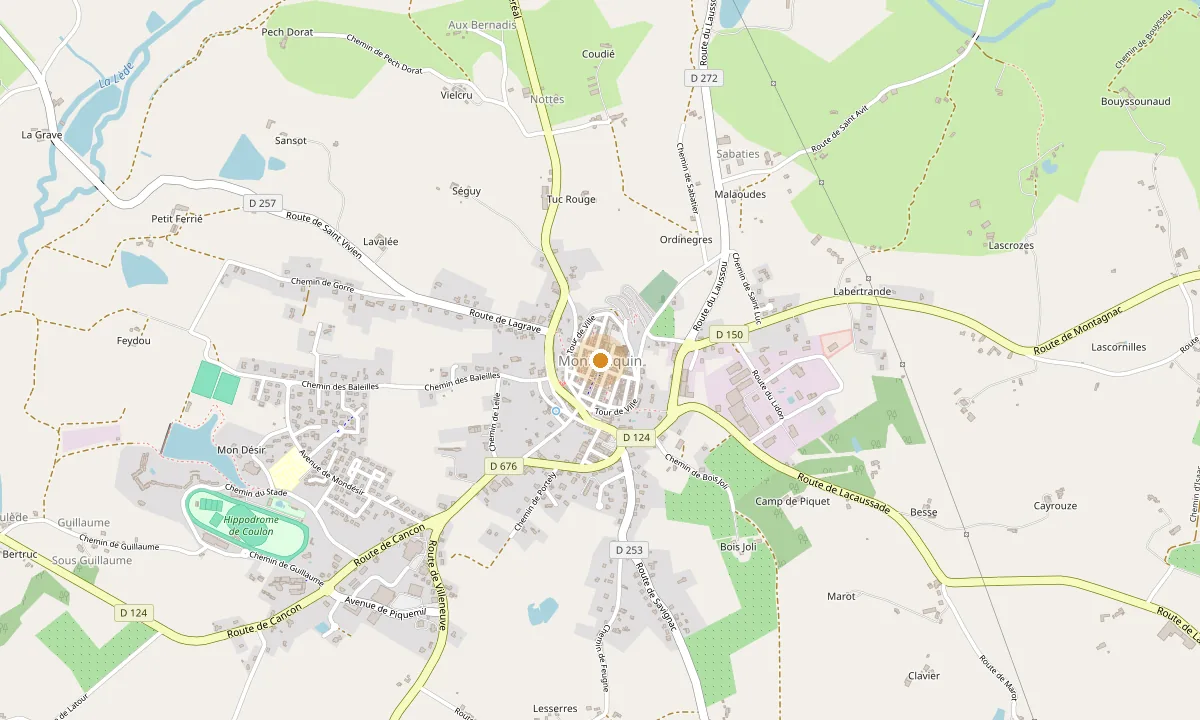 Carte de Monflanquin, en Lot-et-Garonne, situant le Domaine des Sources au lieu-dit Belloc